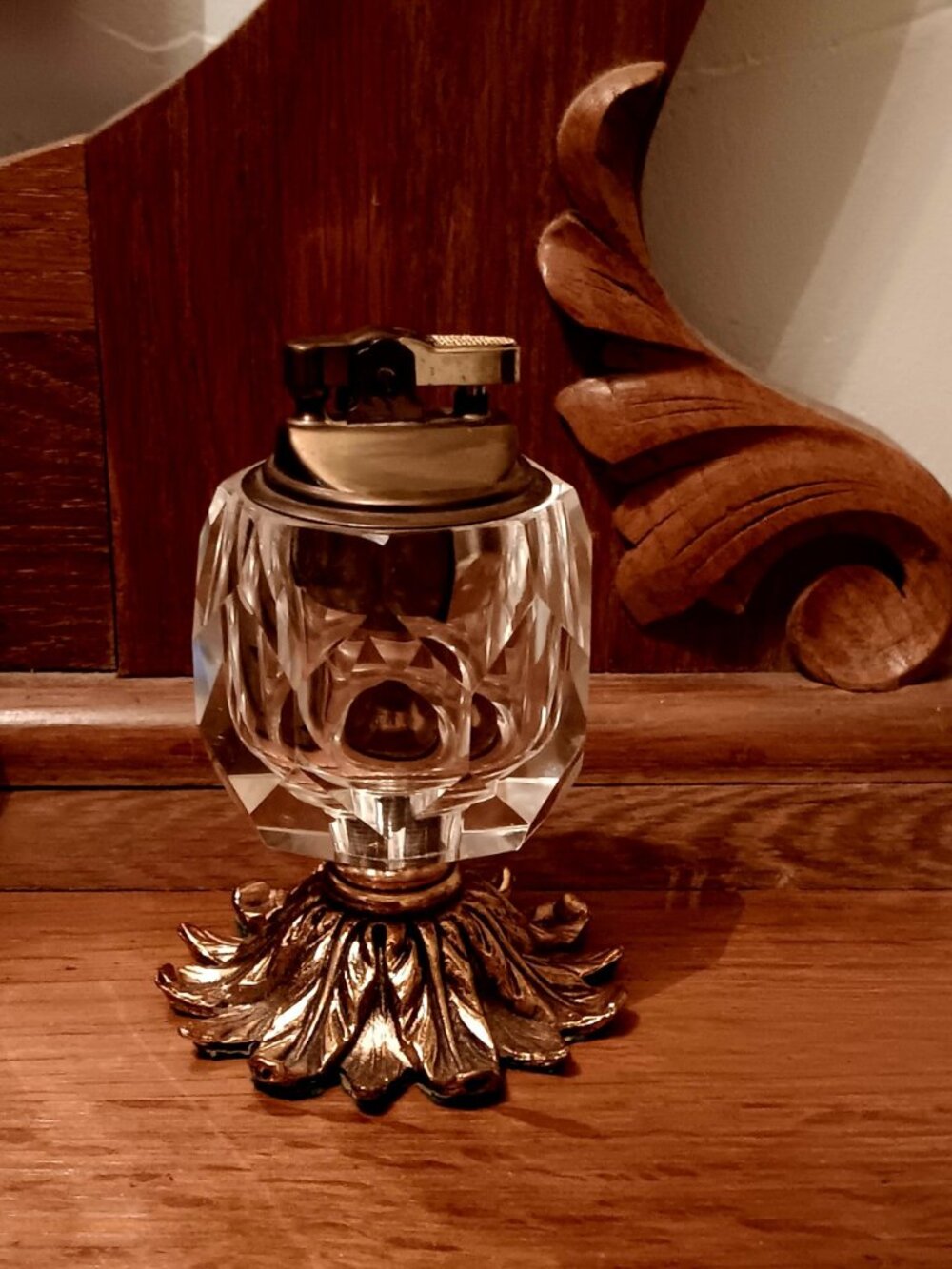 Antique Faceted Crystal Table Lighter w/ Ornate Brass Base - Hollywood Regency
